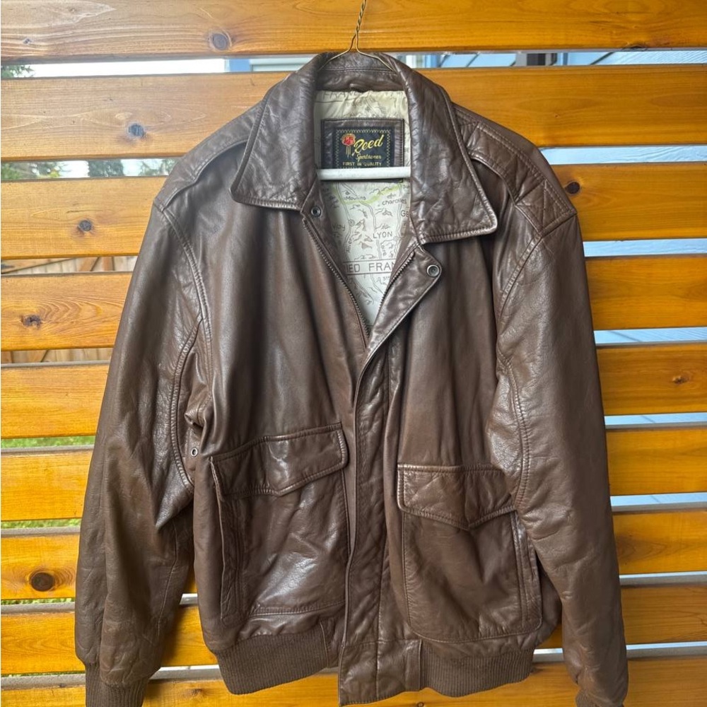 Reed Sportswear Brown Leather Bomber Jacket Men’s 42 A-2 Style Map Lining